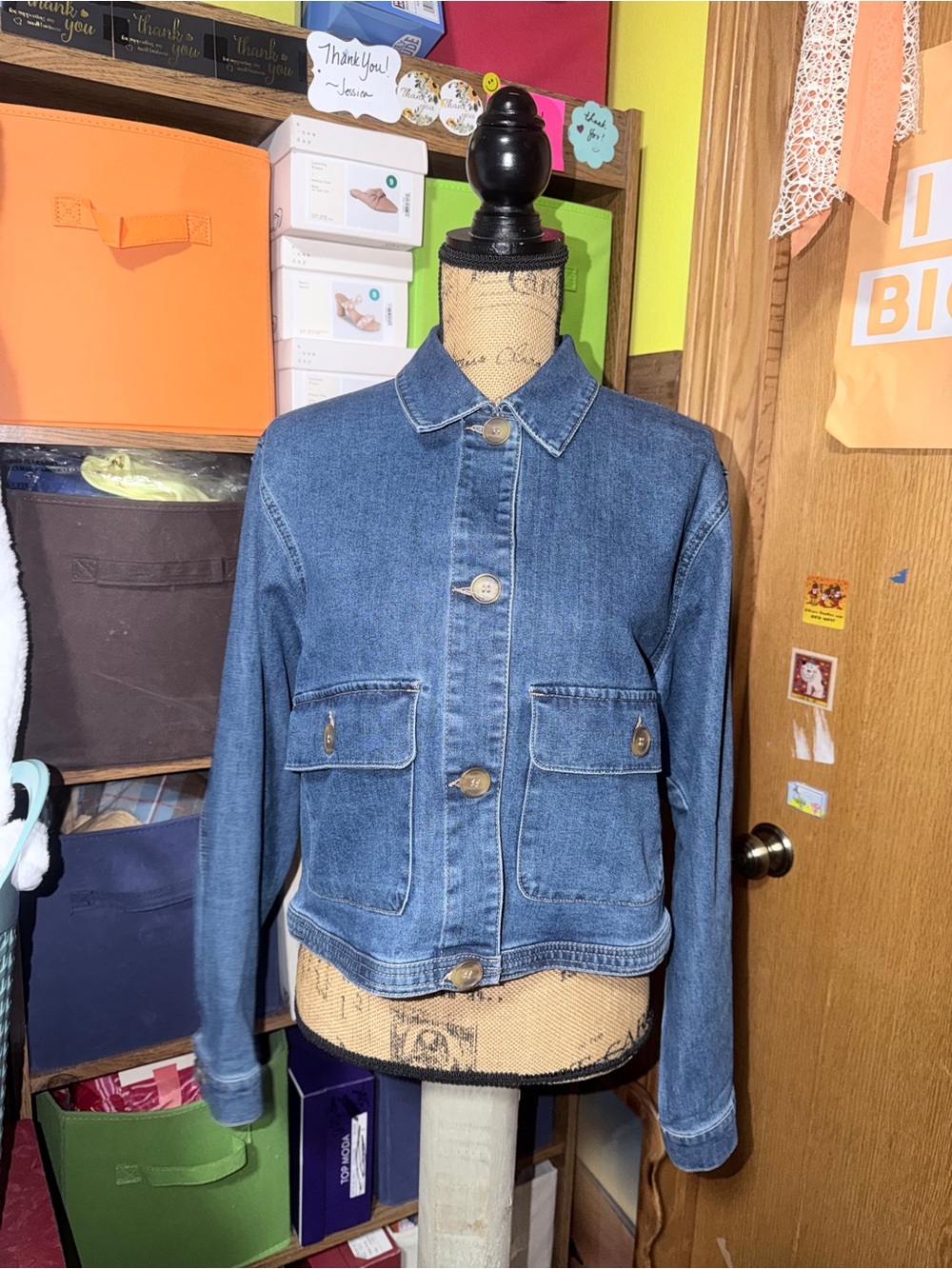 Rachel Zoe Midwash Blue Denim Jacket Cropped with Big Buttons